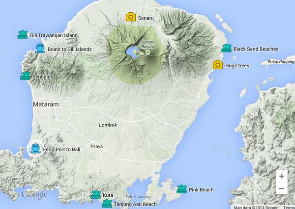 Остров Ломбок карта интересных мест